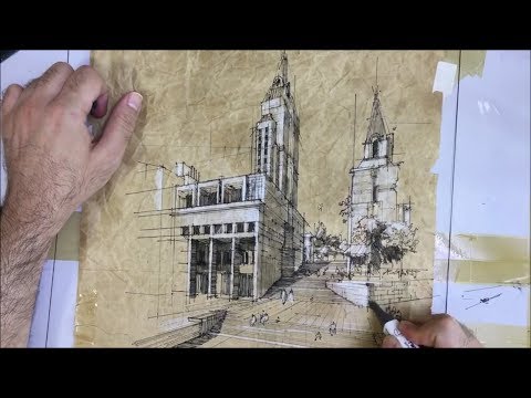 Видео: Архитектурный скетчинг в перспективе с использованием чернил.