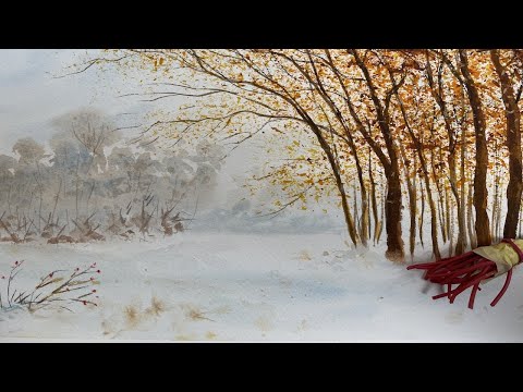 Видео: Акварель. Зима, 1-ый снег. Используем Смешную кисть. Snow scene  with funny brush/ WC