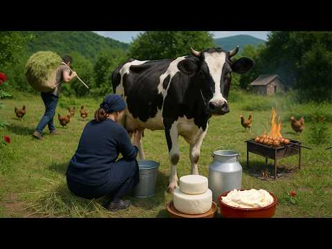 Видео: Азербайджанское традиционное масло и сыроделие в деревне | Женщина доит корову натуральным способом