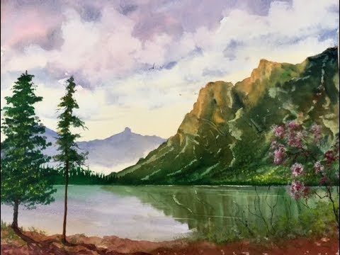 Видео: Облачное небо, Горы, Елки акварелью. Cloudy sky, mountains,fir-trees, Watercolour