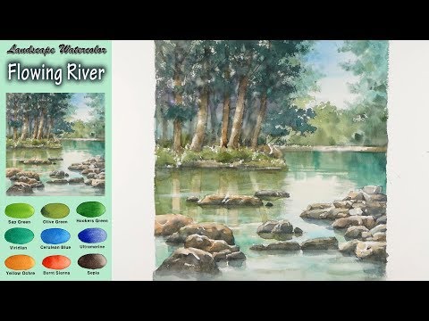 Видео: Пейзажная акварель - Текущая река (sketch & coloring, Arches rough) NAMIL ART