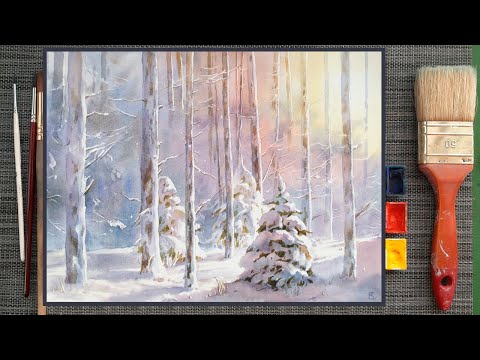 Видео: Уроки рисования. Как рисовать зимний пейзаж акварелью. Акварель для начинающих. Поэтапное рисование.