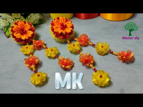 Видео: Яркие осенние бантики с подвесками из атласной ленты и фатина Очень просто\Master diy канзаши