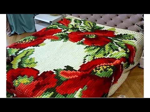 Видео: Плед "Алые маки" в технике пиксельного вязания крючком