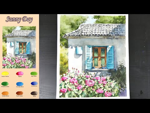 Видео: Пейзаж Акварель -  Солнечный день  (эскиз &  просмотр имени цвета,  акварельный материал)
