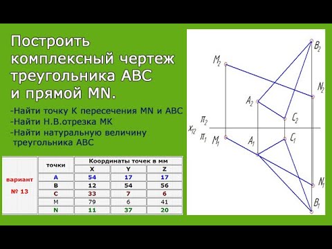 Видео: Задача 1.1. Прямая и плоскость. Построить комплексный чертеж треугольника АВС и прямой МN.