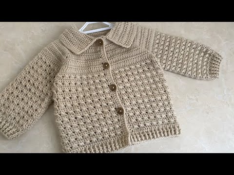 Видео: Вязаный крючком Кардиган для мальчика с простым узором/Детский кардиган с воротником/Детское пальто