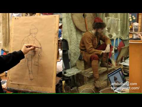 Видео: Графика. Фигура одетая, угольный, белый, сангиновый карандаш.