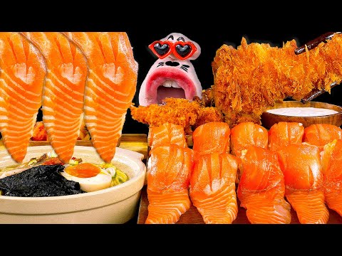 Видео: Суши с гигантским лососем, тонкоцу рамэн, темпура с креветками и карааге! ASMR Mukbang Eating Show!