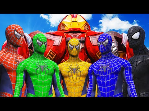 Видео: человек-паук, зеленый человек-паук, синий человек-паук, желтый человек-паук против халкбастера