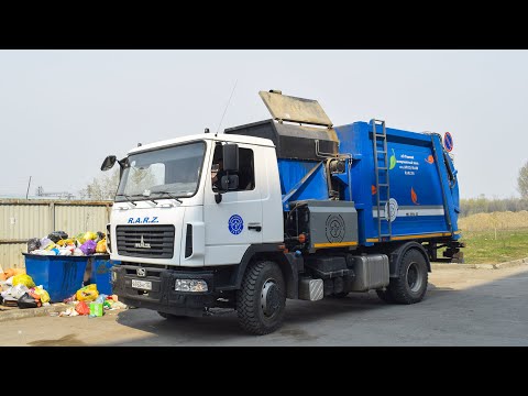 Видео: Мусоровоз МК-3554-03 на шасси МАЗ-5340C2 (В 762 НХ 122) / Garbage truck MAZ-5340C2, work.
