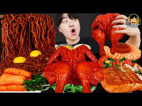 Видео: ASMR MUKBANG | Жареный цыпленок, стейк, лапша с черной фасолью, кимчи Корейская еда