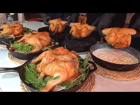 Видео: целая жареная курица на сливочной пасте? вкусная сливочная паста с курицей - корейская уличная еда