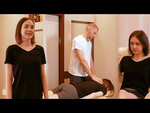 Видео: Остеопат убрал боль в спине. Красивая девушка счастлива.  ASMR