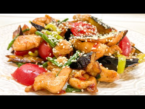 Видео: Салат из курицы с баклажанами. Стир фрай. Быстрый вкусный салат.