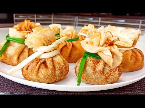 Видео: Блинные мешочки с начинкой! Оригинальная и просто шикарная закуска!