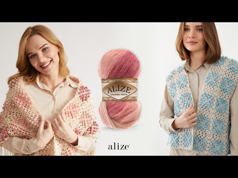 Видео: Вязаная крючком шаль с мотивом Alize Angora Gold Batik