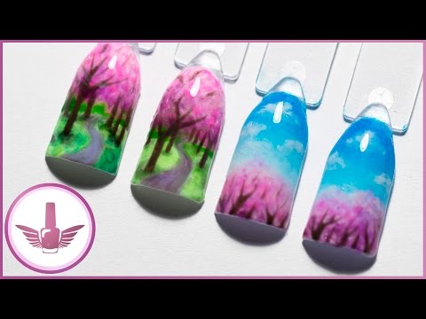 Видео: Дизайн ногтей: весенний пейзаж | Маникюр весна, деревья сакуры, облака