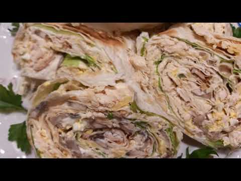 Видео: рулет с лаваша с курицей и грибами
