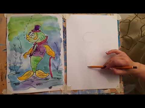 Видео: Рисуем иллюстрацию к сказке "Премудрый пескарь".   Чёрный маркер, акварель