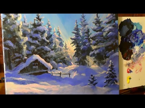 Видео: #53 Как нарисовать СНЕЖНУЮ ЗИМУ акрилом. Солнечный ЗИМНИЙ ПЕЙЗАЖ. Winter Landscape Acrylic Painting.