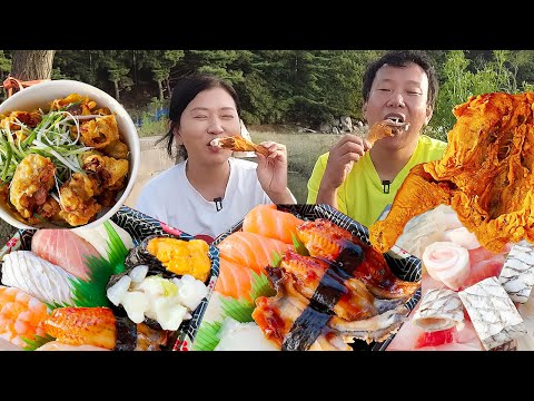 Видео: Жареная курица, суши и сашими МУКБАНГ