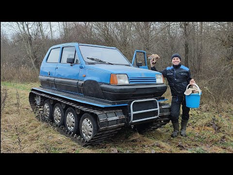 Видео: Гусеничный вездеход едет в лес за замороженными грибами.