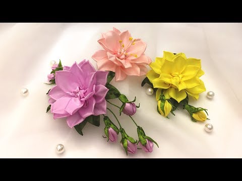 Видео: Ribbon's flowers&buds.DIY/Flor con brotes de cintas/Цветок с бутонами из лент 2.5см