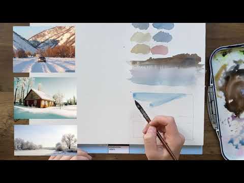 Видео: Как рисовать Зимний пейзаж акварелью