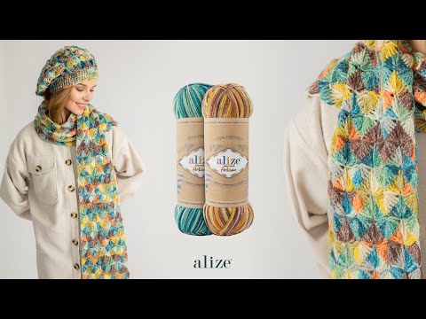 Видео: Шарф-берет с узором мидий из пряжи Alize Superwash Artisan