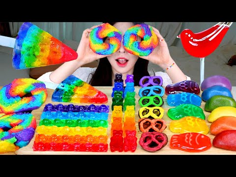 Видео: АСМР МУКБАНГ | Различные радужные десерты (Пуш-поп Кохакуто, Зефир, Желе HARIBO, Рисовый пирог).