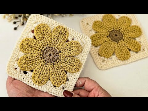 Видео: Великолепная / вязаная крючком 3D модель квадратного мотива ромашки
