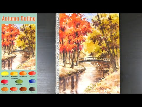Видео: Без эскиза  Пейзаж Акварель -  Осенний выход  (смешение цветов)