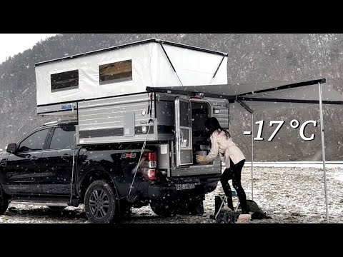 Видео: -17℃ Уютный зимний пикник на замерзшем берегу реки с сильным снегом🚚❄️ Лечебный лагерь