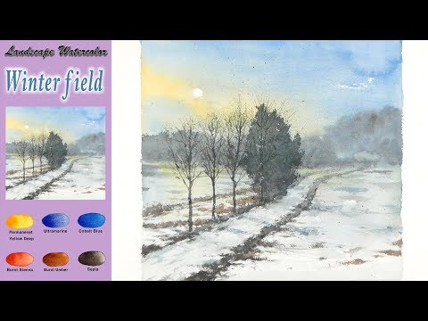 Видео: основной Пейзажная акварель - Зимнее поле (wet-in-wet, Arches rough)NAMIL ART