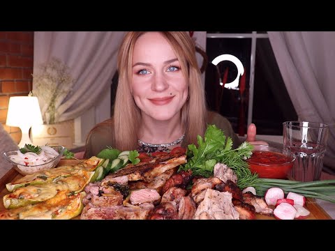 Видео: MUKBANG | Шашлык, запеченные цукини, стейк | Barbecue, baked zucchini, steak не ASMR