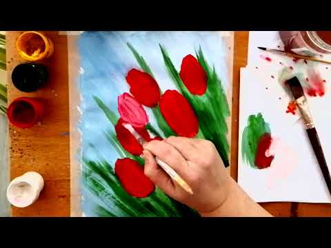 Видео: Drawing tulips Рисуем тюльпаны   как нарисовать тюльпаны
