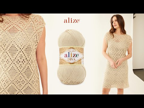 Видео: Платье крючком с пряжей Alize Diva