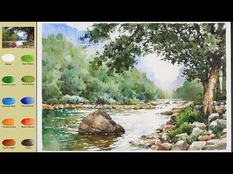 Видео: Без эскиза Пейзаж Акварель - Прибрежный пейзаж (2X скорость, вид названия цвета)