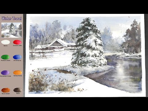Видео: Без эскиза  Пейзаж Акварель -  Зимнее путешествие  (просмотр имени цвета,  акварельный материал)