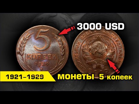 Видео: СТОЯЩИЕ МОНЕТЫ СССР 5 копеек 1924, 1926, 1927, 1928 и 1929 годов