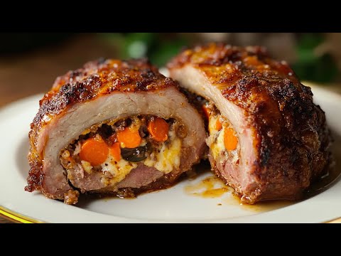 Видео: Запеченный свиной рулет с сыром, овощами и оливками — лучшее блюдо для гастрономического удовольстви