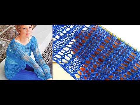 Видео: Стильный пуловер с простым сетчатым узором спицами на лето