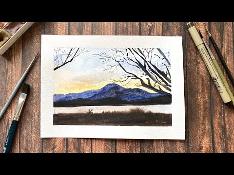 Видео: Закат в горах. Как нарисовать осенний пейзаж акварелью. Поэтапное рисование для начинающих