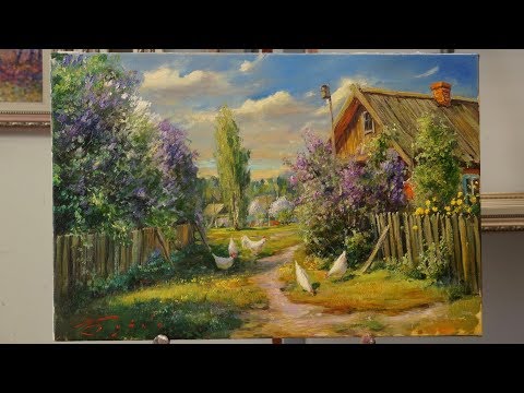 Видео: Деревня. Полный видеоурок без сокращений. Живопись маслом. Russian village Oil painting