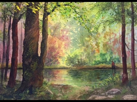 Видео: Cолнечный лес,  интересная техника.  Акварель. Sunny forest, interesting tecnique