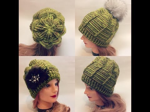 Видео: Шапка крючком узором из рельефных столбиков с красивой макушкой.Очень теплая