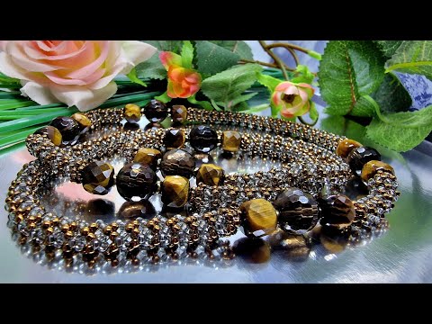 Видео: Жгут с Тигровым глазом и Раухтопазом. Necklace. Handmade.