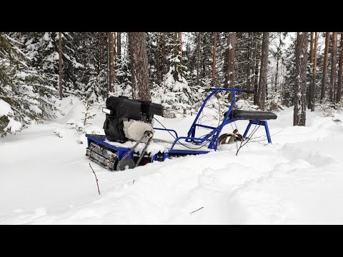 Видео: Мотобуксировщик Альбатрос-XL8 с задним модулем по глубокому снегу, честный тест-драйв.