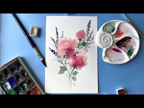 Видео: Как нарисовать цветы акварелью. Простые рисунки. Розы и лаванда / watercolor tutorial flower